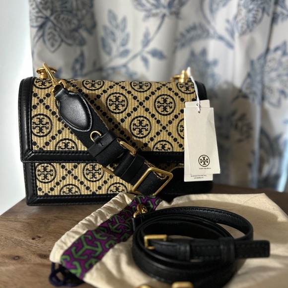 Tory Burch T Monogram Raffia Small Shoulder Bag - Picture 1 of 11